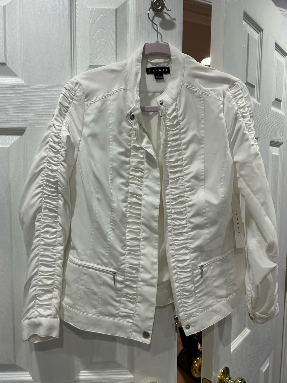 Tribal White Ruffle-Trim Moto Jacket